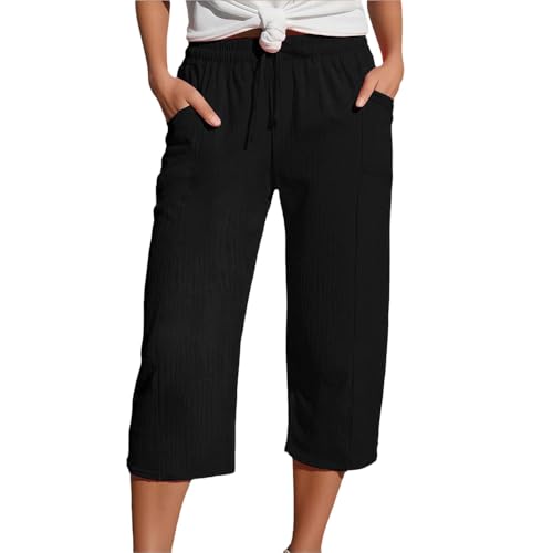 Leinenhose Damen Hose 3/4 Hose Damen Musselin Hose Damen Lockere Hosen Damen Einfarbig Freizeithose Gerade Geschnitten Strandhose (DE/NL/SE/PL, Alphanumerisch, S, Regular, Regular, Schwarz) von ComedyKing