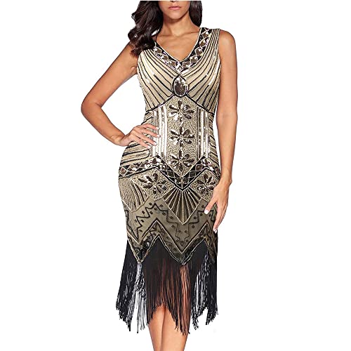 Comeon Damen Flapper Kleider voller Pailletten Retro 1920er Jahre Stil V-Ausschnitt Great Gatsby Motto Party Damen Kostüm Kleid (Gelb, M) von Comeon