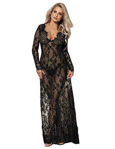 comeondear Damen Kleider Sexy Spitze Lang Langarm V-Ausschnitt Negligee Schwangerschafts Umstandskleid Cocktailkleid Abendkleid, 40-42 EU (Tag M-L),Schwarz von comeondear