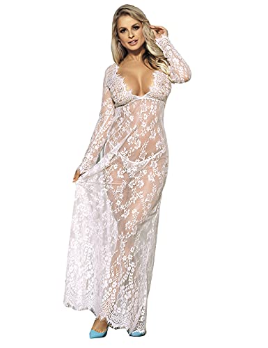 comeondear Damen Kleider Sexy Spitze Lang Langarm V-Ausschnitt Negligee Schwangerschafts Umstandskleid Cocktailkleid Abendkleid(M-L/40 EU-42EU,Weiß) von comeondear