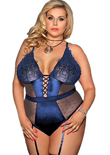 comeondear Damen Body Lingerie Sexy Spitzen Bodysuit Nachthemd Reizwäsche Negligee Strapse Dessous Set mit Strumpfband Slip Plus Size (Blau 1,48 50EU) von comeondear