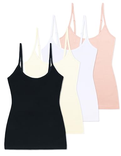 Comfneat Damen 4-Pack Spaghetti Tops Slim-Fit Verstellbare Träger Camisole Baumwolle Elasthan Unterhemden (Color-Set-5 4-Pack, L) von Comfneat