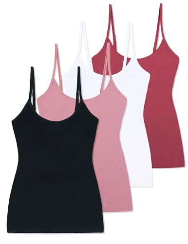 Comfneat Damen 4-Pack Spaghetti Tops Slim-Fit Verstellbare Träger Camisole Baumwolle Elasthan Unterhemden (Color-Set-9 4-Pack, L) von Comfneat