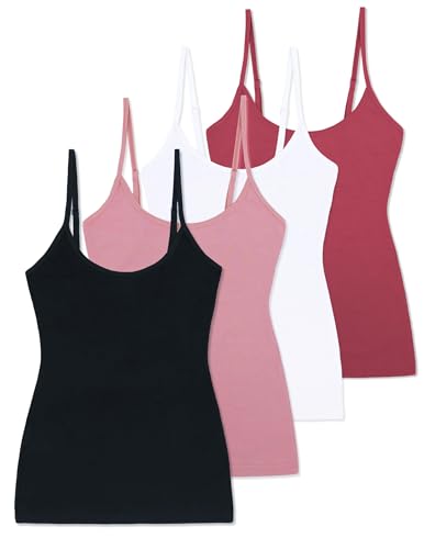 Comfneat Damen 4-Pack Spaghetti Tops Slim-Fit Verstellbare Träger Camisole Baumwolle Elasthan Unterhemden (Color-Set-9 4-Pack, M) von Comfneat