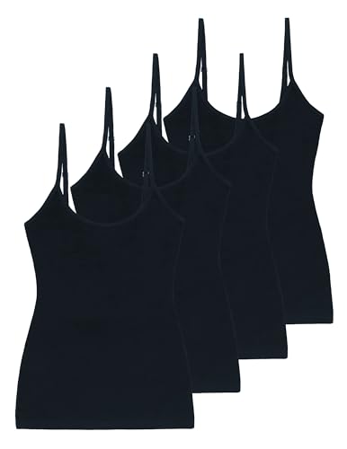 Comfneat Damen 4-Pack Spaghetti Tops Slim-Fit Verstellbare Träger Camisole Baumwolle Elasthan Unterhemden (Schwarz 4-Pack, S) von Comfneat