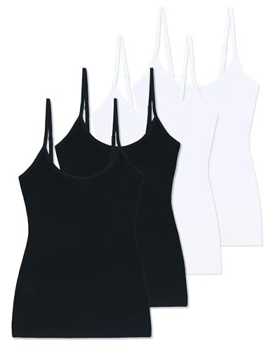 Comfneat Damen 4-Pack Spaghetti Tops Slim-Fit Verstellbare Träger Camisole Baumwolle Elasthan Unterhemden (Schwarz/Weiß 4-Pack, L) von Comfneat