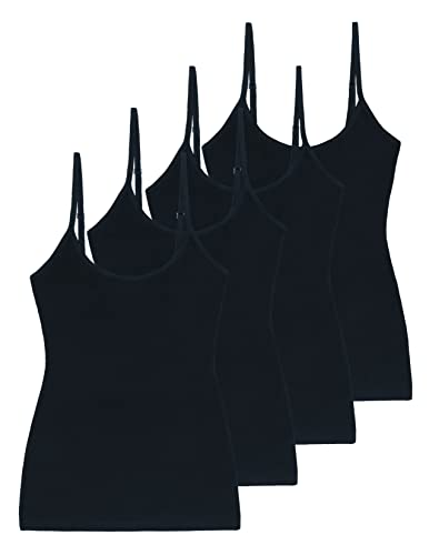 Comfneat Damen 4-Pack Spaghetti Tops Slim-Fit Verstellbare Träger Camisole Baumwolle Elasthan Unterhemden (Schwarz 4-Pack, L) von Comfneat