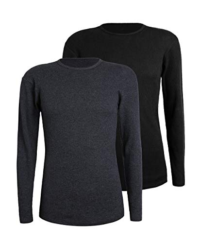 Comfneat Herren 2-Pack Thermounterwäsche Oberteil Langarm Waffle Knit Unterhemd mit Rundhals (Schwarz+Dunkelgrau Melange 2-Pack, XL) von Comfneat