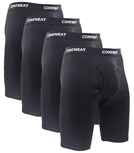Comfneat Herren 4-Pack 9" Langbeinige Boxershorts Baumwolle Elasthan Elastische Unterwäsche mit Eingriff (Schwarz 4-Pack, L) von Comfneat