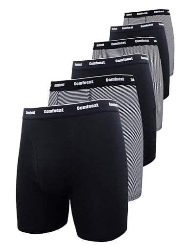 Comfneat Herren 6-Pack Boxershorts Baumwolle Langes Bein Retroshorts Weiche Unterwäsche (Schwarz/Schwarz Streifen 6er Pack, S) von Comfneat