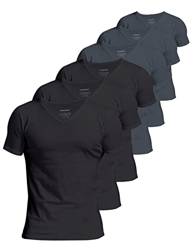 Comfneat Herren 6-Pack Unterhemd 100% Baumwolle Kurzarm T-Shirt mit V-Ausschnitt (Black+Dark Grey 6-Pack, L) von Comfneat