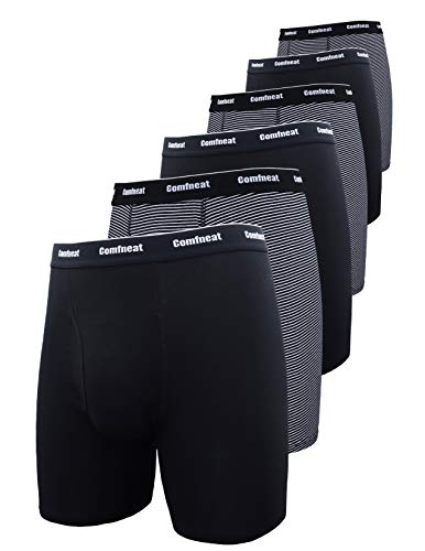 Comfneat Herren 6-Pack Boxershorts Baumwolle Langes Bein Retroshorts Weiche Unterwäsche (Schwarz/Schwarz Streifen 6er Pack, L) von Comfneat