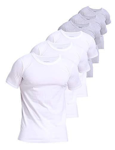 Comfneat Herren 6-Pack Unterhemd 100% Baumwolle Kurzarm T-Shirt mit Unsichtbarem Rundhalsausschnitt (White+Light Grey Melange 6-Pack, L) von Comfneat