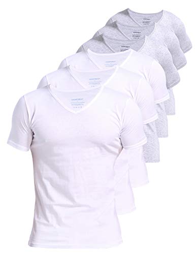 Comfneat Herren 6-Pack Unterhemd 100% Baumwolle Kurzarm T-Shirt mit V-Ausschnitt (White+Light Grey Melange 6-Pack, L) von Comfneat