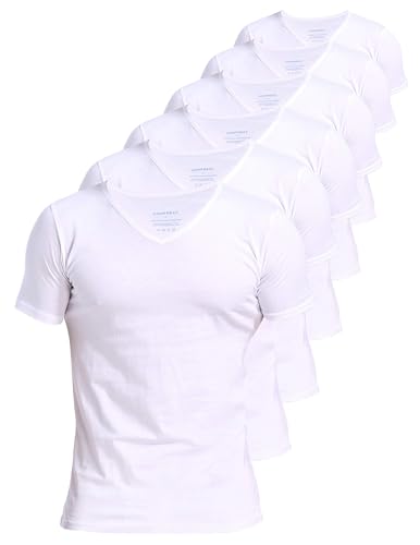 Comfneat Herren 6-Pack Unterhemd 100% Baumwolle Kurzarm T-Shirt mit V-Ausschnitt (White 6-Pack, XL) von Comfneat