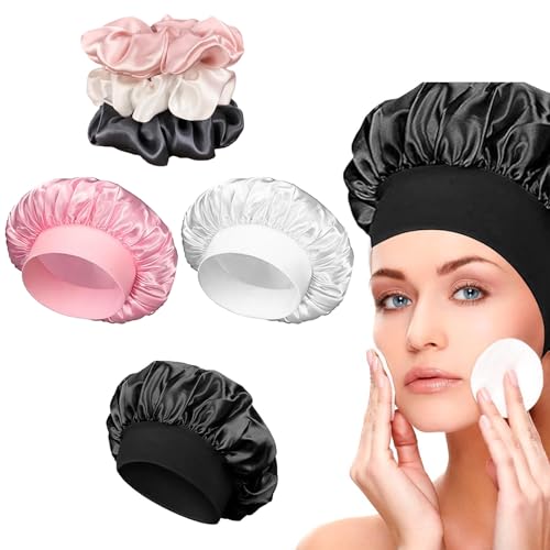 3 Pack Satin Schlafhaube zum Baden,Verstellbare Seide Haarhaube mit Weichem Gummiband zum Schlafen Nacht,Doppelseitige Kopfbedeckung mit Bindeband für Langes Glattes Lockiges Haar Damen Mädchen von Comforso