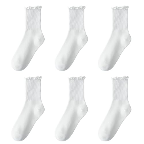 Comforso 6 Paar Rüschensocken für Damen und Mädchen, atmungsaktive Baumwollsocken, süße Crew-Socken (Baumwolle, Weiß) von Comforso