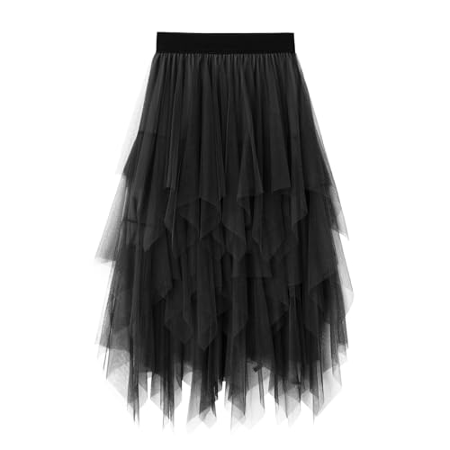 Damen Tüll Röcke Schwarz M-XL Größe, High Low Layered Unregelmäßiges Mesh Puffy, Elastische Taille A Linie Midirock, Sommerrock Täglich Party Karneval(M, Schwarz) von Comforso