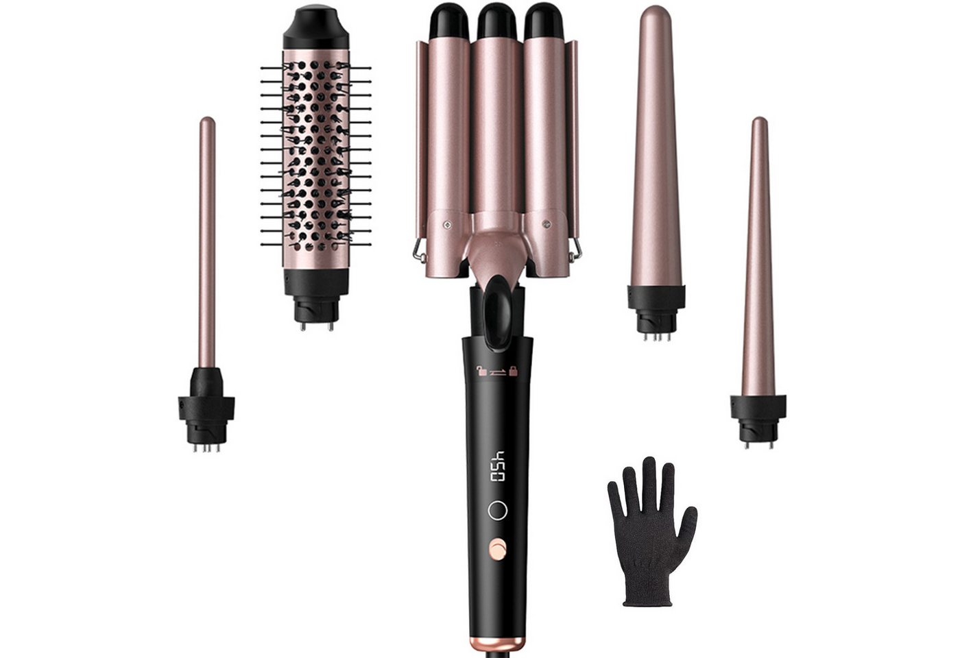 Comfy Mate Lockenstab 3 Fässer Welleneisen Lockenstäbe 5 in 1 mit Lockenbürste, Keramik-Turmalin-Beschichtung, PTC-Schnellheizung Temperaturregelung und Schutzhandschuhen von Comfy Mate