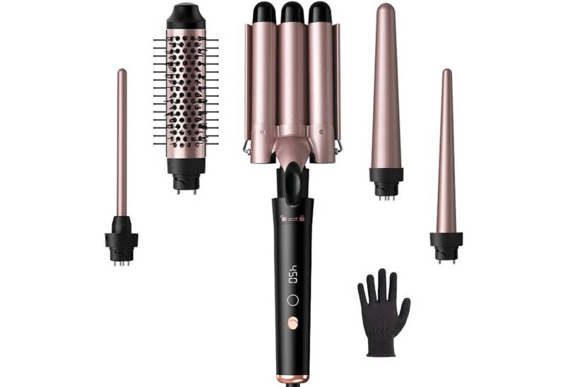 Comfy Mate Lockenstab 3 Fässer Welleneisen Lockenstäbe 5 in 1 mit Lockenbürste, Keramik-Turmalin-Beschichtung, PTC-Schnellheizung Temperaturregelung und Schutzhandschuhen von Comfy Mate