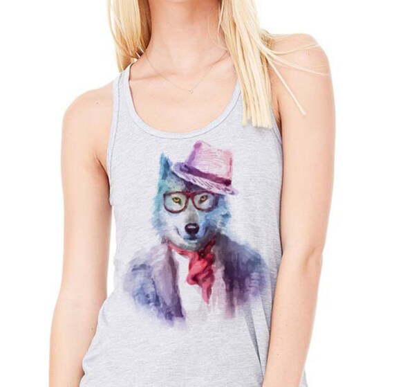 Hipster Wolf Gedruckt Auf Ein Sportlich Grau Flowy Tank-Top von ComfyLine