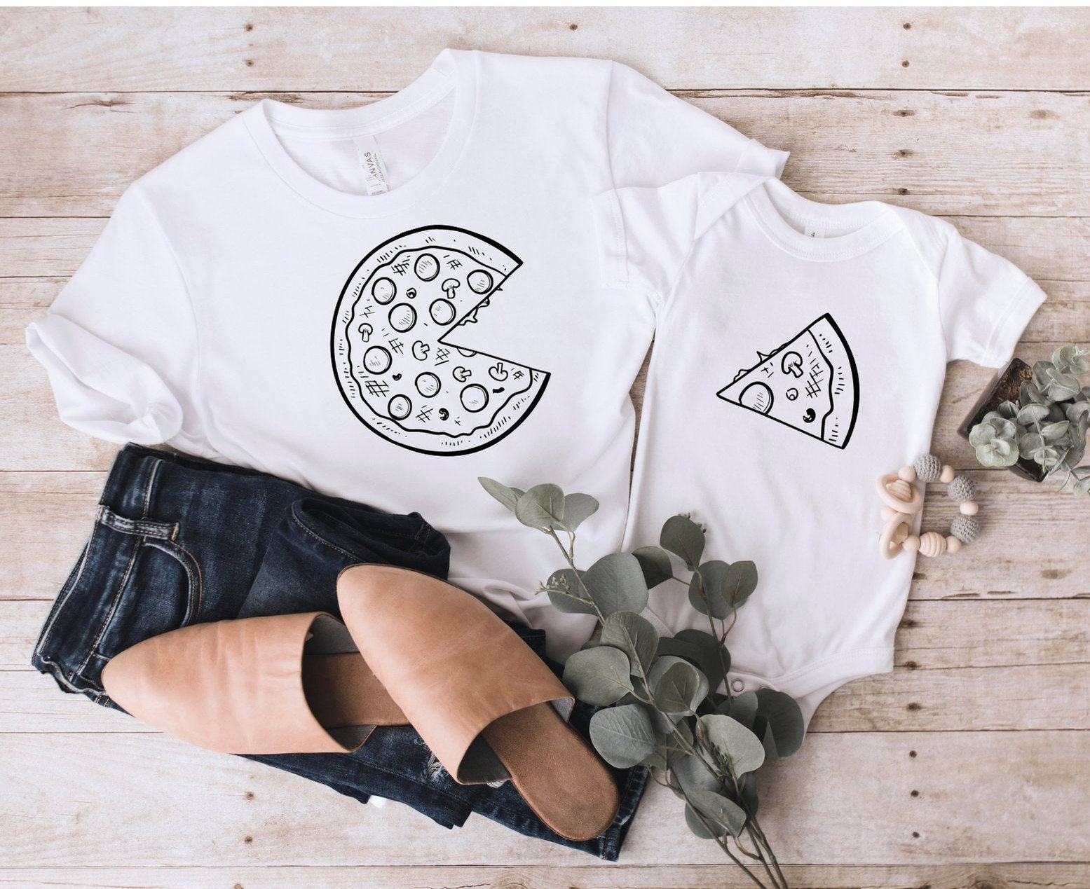 Pizza Und Scheibe Passende Familien Shirts, Baby Body Papa T-Shirt Set, Sohn Tochter Eltern Kinder Shirt Set von ComfyShirtsUS