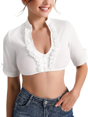 Comfyouth Dirndl Bluse Damen Elegante Halbarm Dirndlbluse Weiß V Ausschnitt mit Spitze Dirndlblusen Trachtenblusen mit Knopf Oktoberfest Trachten Bluse von Comfyouth