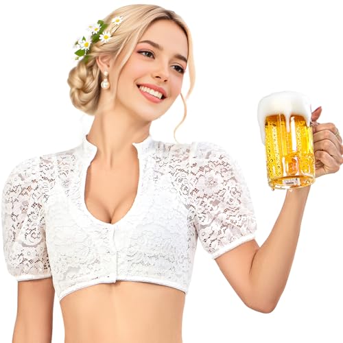 Comfyouth Dirndl Bluse Damen Puffärmel Dirndlbluse Weiß Dirndlblusen Volles Spitze Dirndl Blusen V Ausschnitt Trachtenblusen Geknöpft Oktoberfest Bluse von Comfyouth