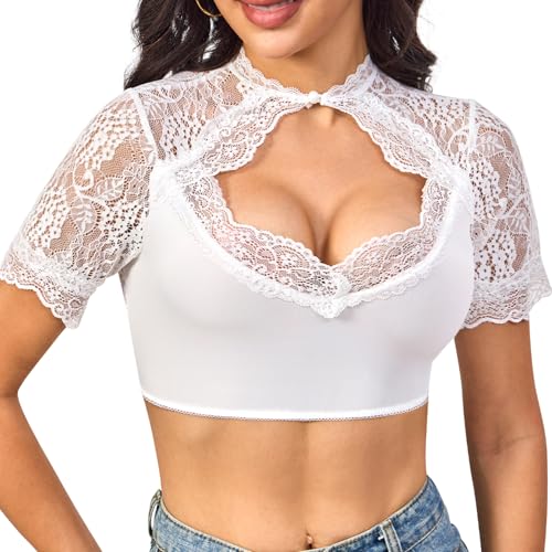 Comfyouth Dirndl Bluse Damen Weiß Dirndlbluse Spitze Hochgeschlossen Kurzarm Dirndlblusen Einzigartiger Brustausschnitt Oktoberfest Trachtenbluse mit Knopf von Comfyouth