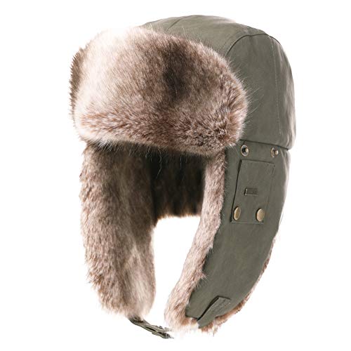 Comahts Winter Trapper-Hut Kunstleder Aviator Pilotenmütze Damen Herren Warm Gefütterte Kunstpelz-Hut mit Winddichten Ohrenklappen L Armeegrün von Comhats