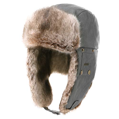 Comahts Winter Trapper-Hut Kunstleder Aviator Pilotenmütze Damen Herren Warm Gefütterte Kunstpelz-Hut mit Winddichten Ohrenklappen L Grau von Comhats