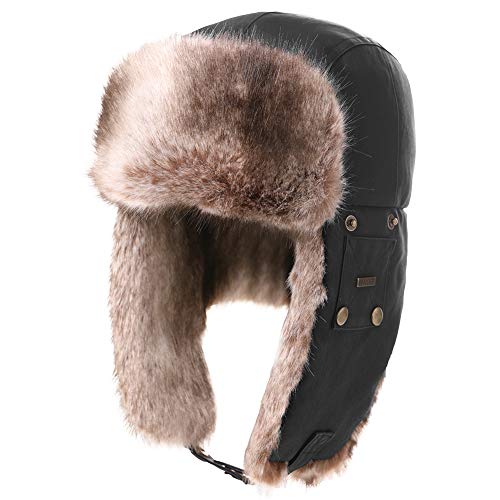 Comahts Winter Trapper-Hut Kunstleder Aviator Pilotenmütze Damen Herren Warm Gefütterte Kunstpelz-Hut mit Winddichten Ohrenklappen L Schwarz von Comhats