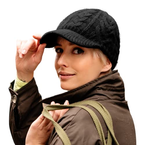 Comhats 100% Wolle Winter Schirmmütze Damen Strickmütze mit Schirm Warme Beanie Skimütze Outdoor Schwarz von Comhats