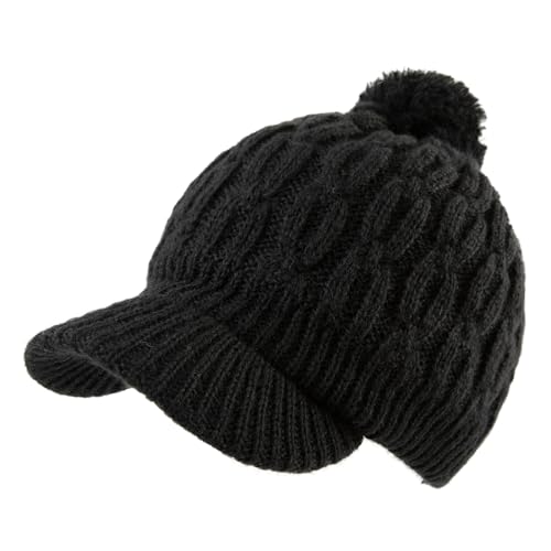 Comhats 50% Wolle Winter Schirmmütze Damen Bommelmütze Strickmütze mit Schirm Bommel Warme Beanie Skimütze Outdoor Schwarz von Comhats