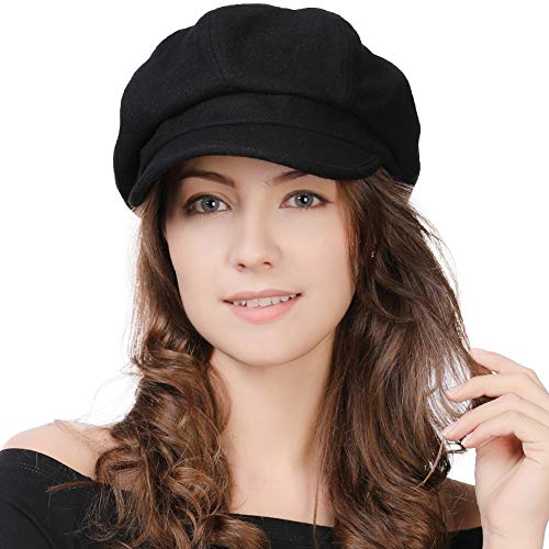 Comhats Damen Ballonmütze warme Schirmmütze Wintermütze Wolle Barett Maler Mütze mit Visor Newsboy Cap 67145_Schwarz(Satinfutte) L von Comhats