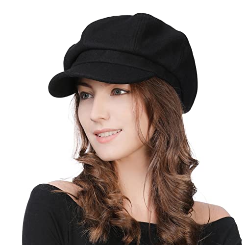 Comhats Damen Ballonmütze warme Schirmmütze Wintermütze Wolle Barett Maler Mütze mit Visor Newsboy Cap 67145_Schwarz M von Comhats