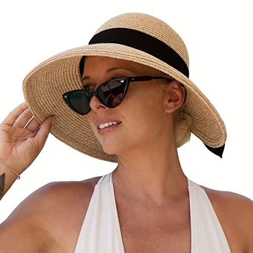 Comhats Damen Faltbarer Strohhut Sommerhut UPF 50 + mit Sonnen Shade breite Krempe Beige S von Comhats