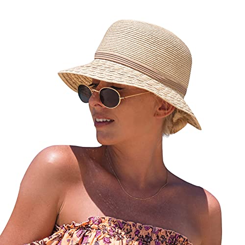 Comhats Faltbarer Strohhut für Damen Sonnenhut am Strand UV Schutz Sommerhut Garten Beige Large Head von Comhats