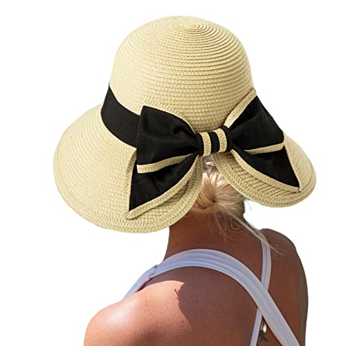 Comhats Faltbarer Strohhut für Damen Sonnenhut am Strand UV Schutz Sommerhut Garten Pferdeschwanz 94561_beige1 von Comhats