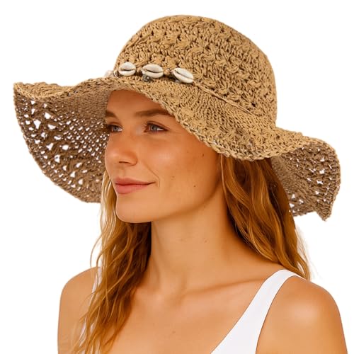 Comhats Sonnenhut Damen Sommer Strohhut Faltbar Handgemachter Strandhut UV-Schutz 94558_Khaki Medium von Comhats