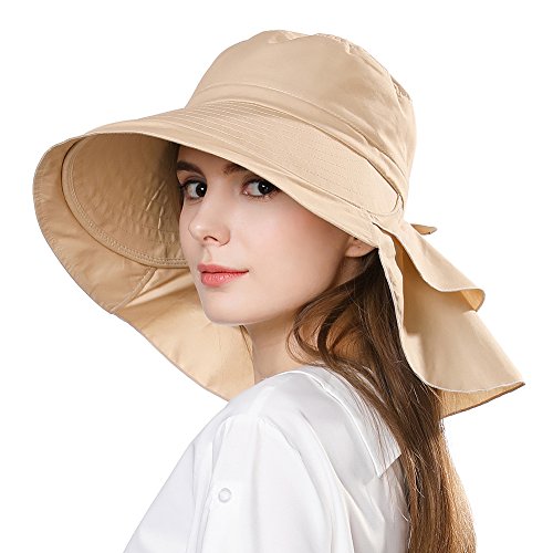 Comhats Sonnenhut Damen UPF 50 + Sonnenschutz Sommerhut mit Nackenschnur für Frauen breite Krempe Klappbarer 085_Beige M von Comhats