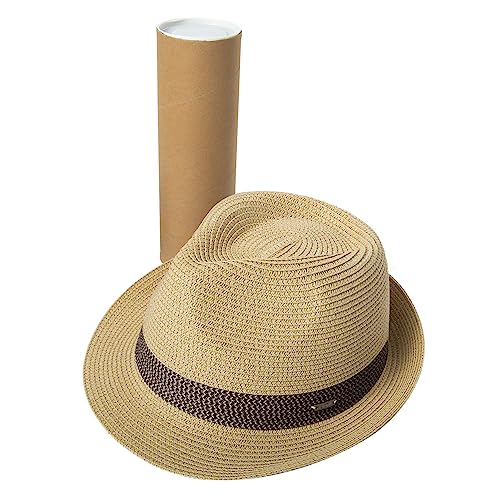 Comhats Stroh Trilby Hut für Herren und Damen - Sommerhut mit UV-Schutz - Fedora Stil - Natur Strohhut - Strandhut für Männer - Sommerhut Rollendes Falten mit Reisehülle Beige-Schwarz XL von Comhats