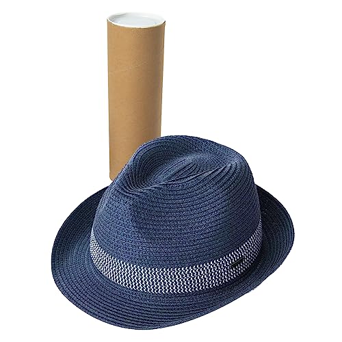 Comhats Stroh Trilby Hut für Herren und Damen - Sommerhut mit UV-Schutz - Fedora Stil - Natur Strohhut - Strandhut für Männer - Sommerhut Rollendes Falten mit Reisehülle Schwarzblau XXXL von Comhats