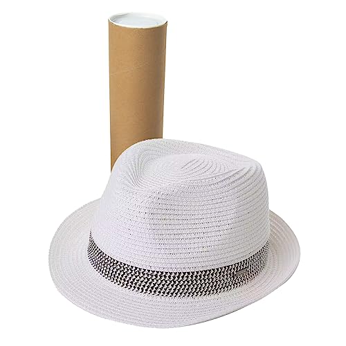 Comhats Stroh Trilby Hut für Herren und Damen - Sommerhut mit UV-Schutz - Fedora Stil - Natur Strohhut - Strandhut für Männer - Sommerhut Rollendes Falten mit Reisehülle Weiß L von Comhats