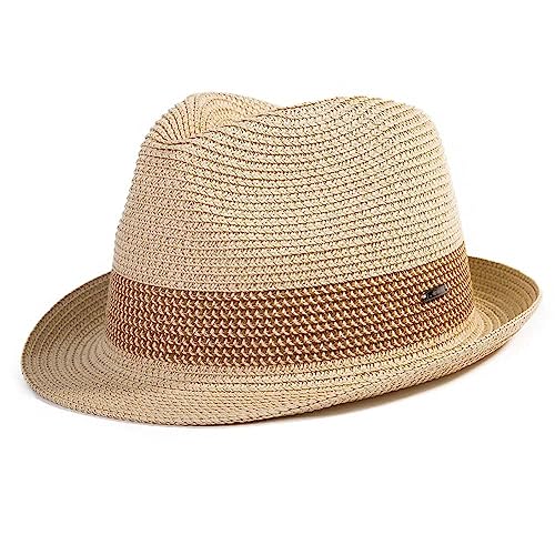 Comhats Stroh Trilby Hut für Herren und Damen - Sommerhut mit UV-Schutz - Fedora Stil - Natur Strohhut - Strandhut für Männer - Unisex Sommerhut Beige L von Comhats