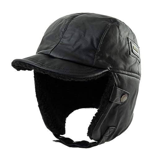 Comhats Warme Trappermütze Herren Wintermütze Kunstleder Hut Unisex Fliegermütze Fellmütze 99708_Schwarz M von Comhats