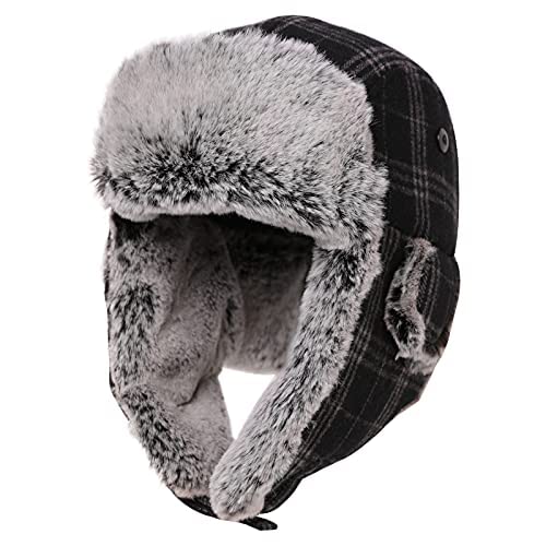 Comhats Warme Wolle Fliegermütze für Herren Ohrenklappen Unisex Ushanka Wintermütze mit Fleecefutter weiche Trappermütze Winddicht Schwarz-Grau L von Comhats