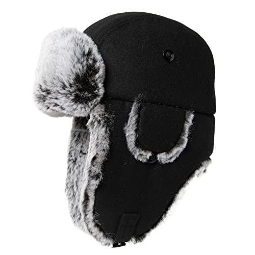 Comhats Warme Wolle Fliegermütze für Herren Ohrenklappen Unisex Wintermütze mit Fleecefutter und Faux Fur weiche Trappermütze Winddicht Schwarz L von Comhats