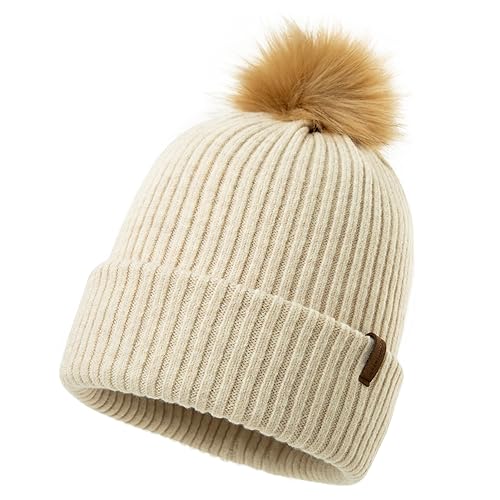 Comhats Kaschmir Mütze Winter warme Strickmütze Wollmütze mit Kaschmir Wintermütze mit Kunstfell Bommel Strick Beanie Damen für Winter Bommelmütze 94588_Beige von Comhats