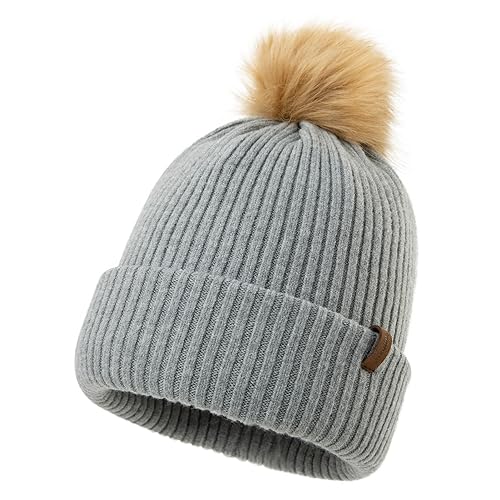 Comhats Kaschmir Mütze Winter warme Strickmütze Wollmütze mit Kaschmir Wintermütze mit Kunstfell Bommel Strick Beanie Damen für Winter Bommelmütze 94588_Grau von Comhats